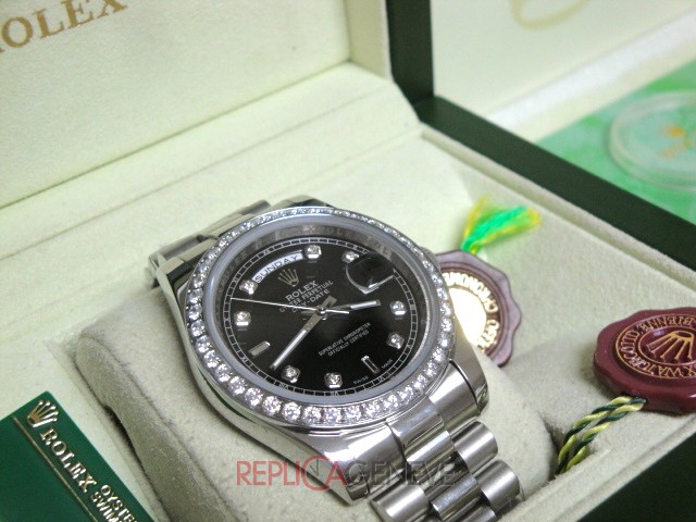 Rolex replica daydate ll white gold black dial diamond bezel president orologio replica copia imitazione - immagine 6