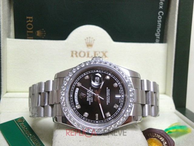 Rolex replica daydate ll white gold black dial diamond bezel president orologio replica copia imitazione - immagine 2