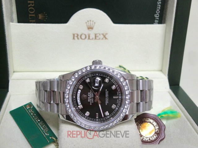 Rolex replica daydate ll white gold black dial diamond bezel president orologio replica copia imitazione