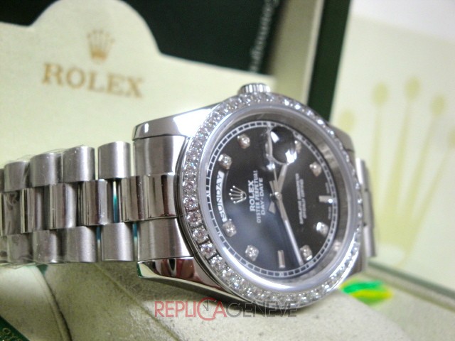 Rolex replica daydate ll white gold black dial diamond bezel president orologio replica copia imitazione - immagine 7