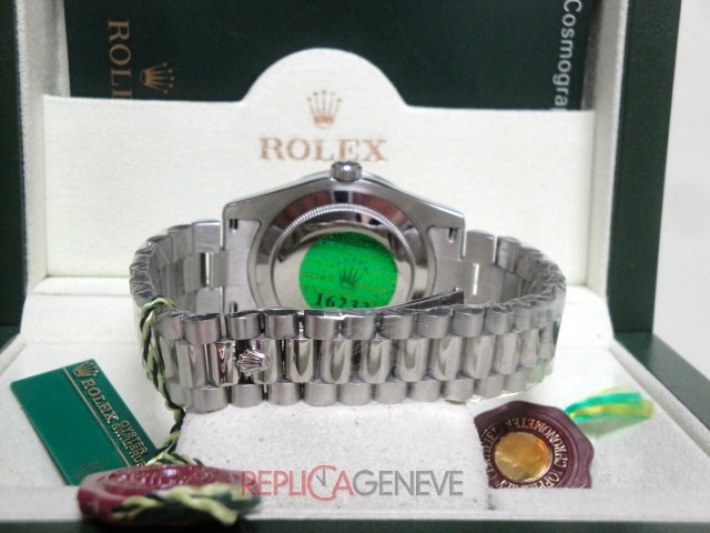Rolex replica daydate ll white gold black dial diamond bezel president orologio replica copia imitazione - immagine 10