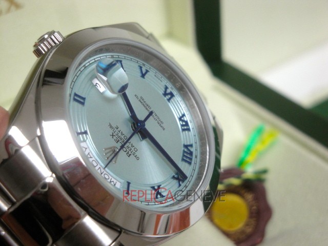 Rolex replica daydate ll oyster blu roman sky dial orologio replica copia imitazione - immagine 10