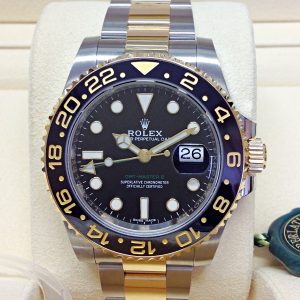 Rolex replica GMT Master II yellow gold 116713LN black dial bi-colour