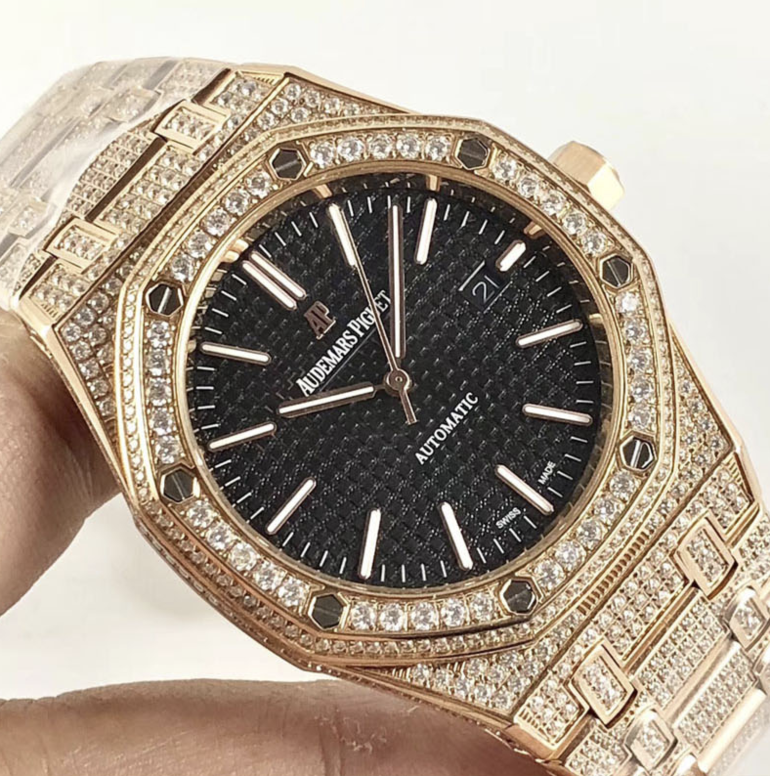 Audemars piguet replica royal oak ref. 15400 41mm rose gold full paved diamonds black dial - immagine 2