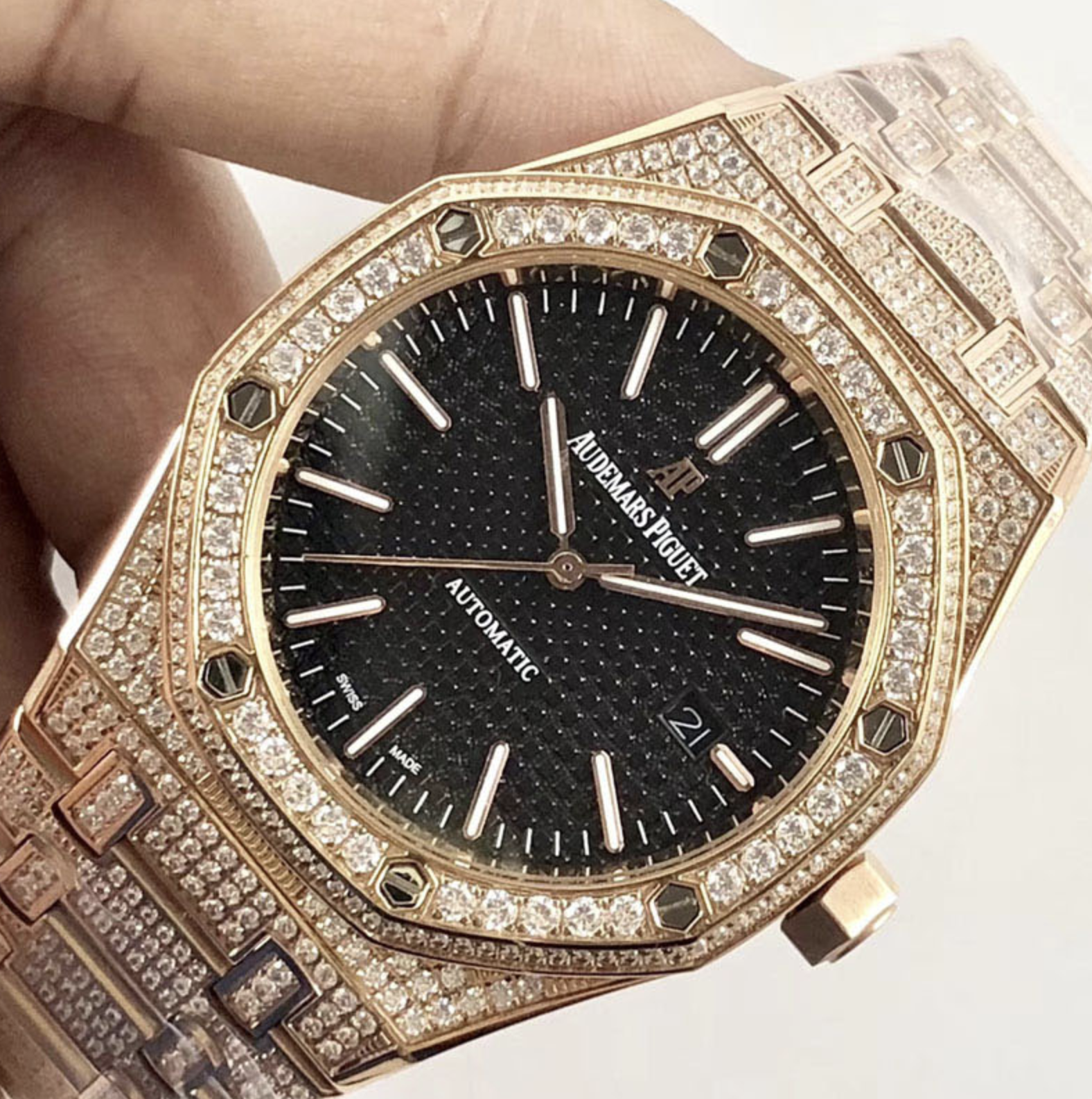 Audemars piguet replica royal oak ref. 15400 41mm rose gold full paved diamonds black dial - immagine 3