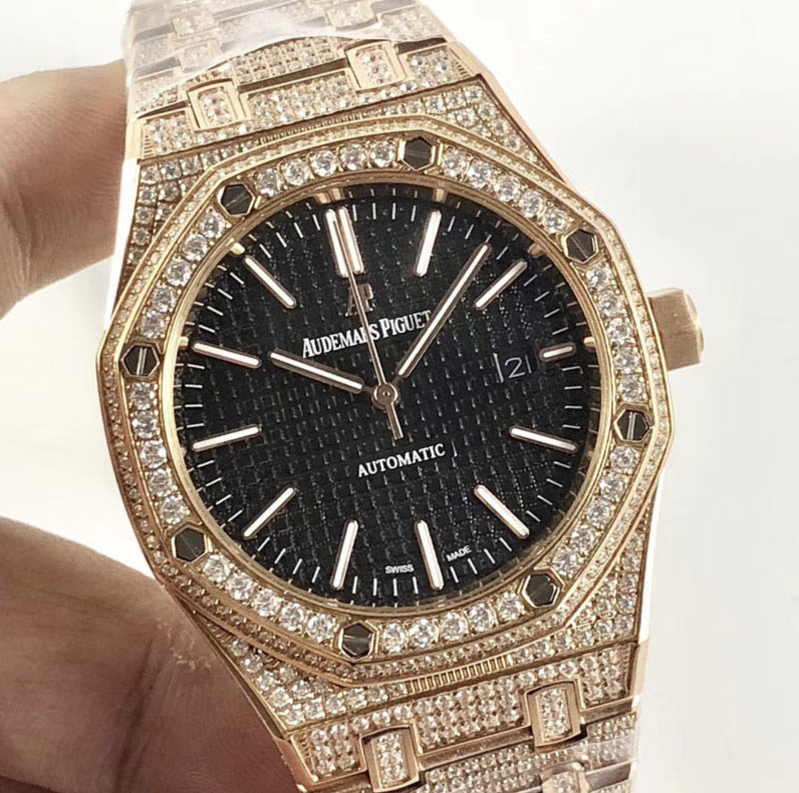 Audemars piguet replica royal oak ref. 15400 41mm rose gold full paved diamonds black dial - immagine 4