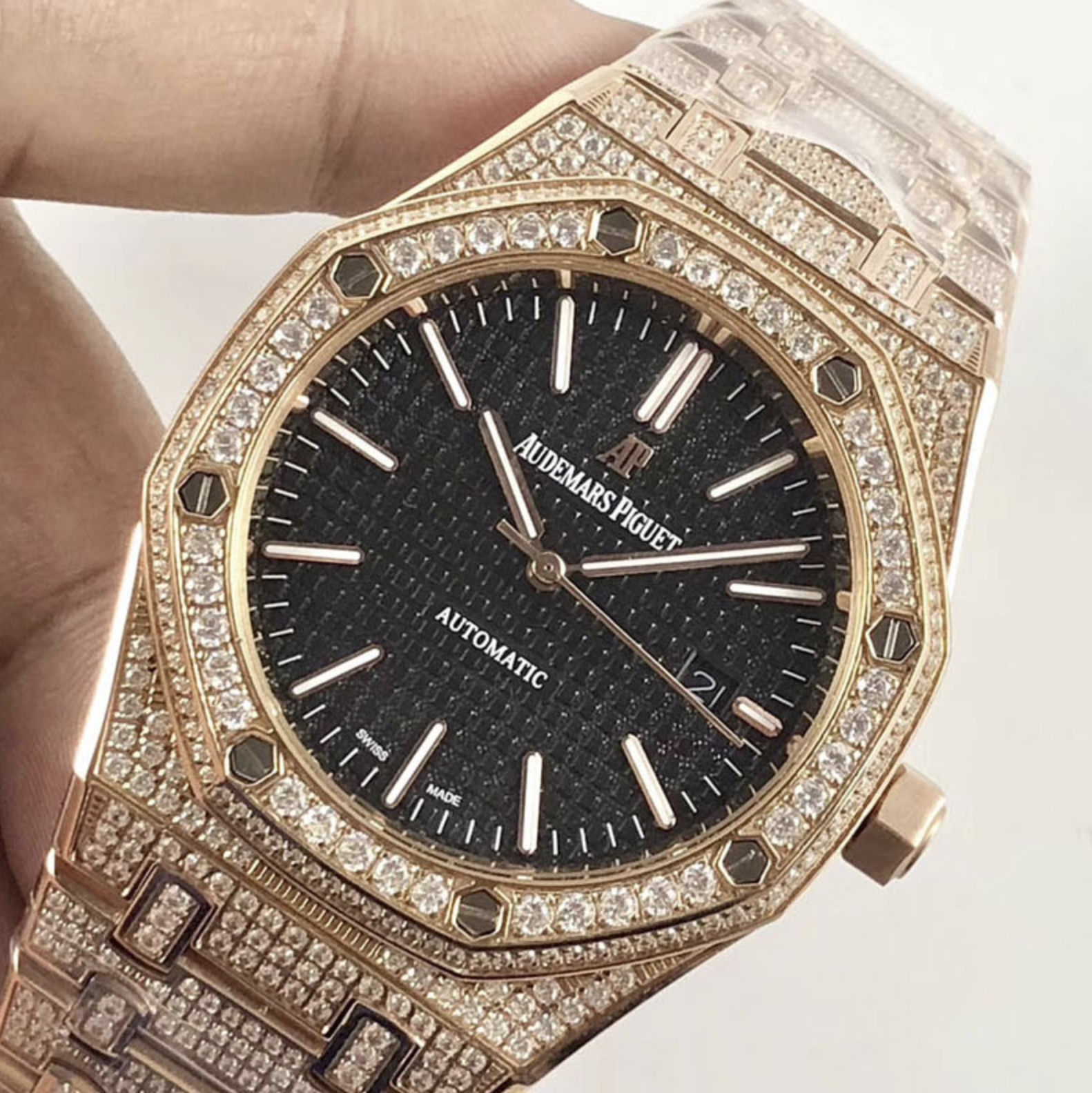 Audemars piguet replica royal oak ref. 15400 41mm rose gold full paved diamonds black dial - immagine 5