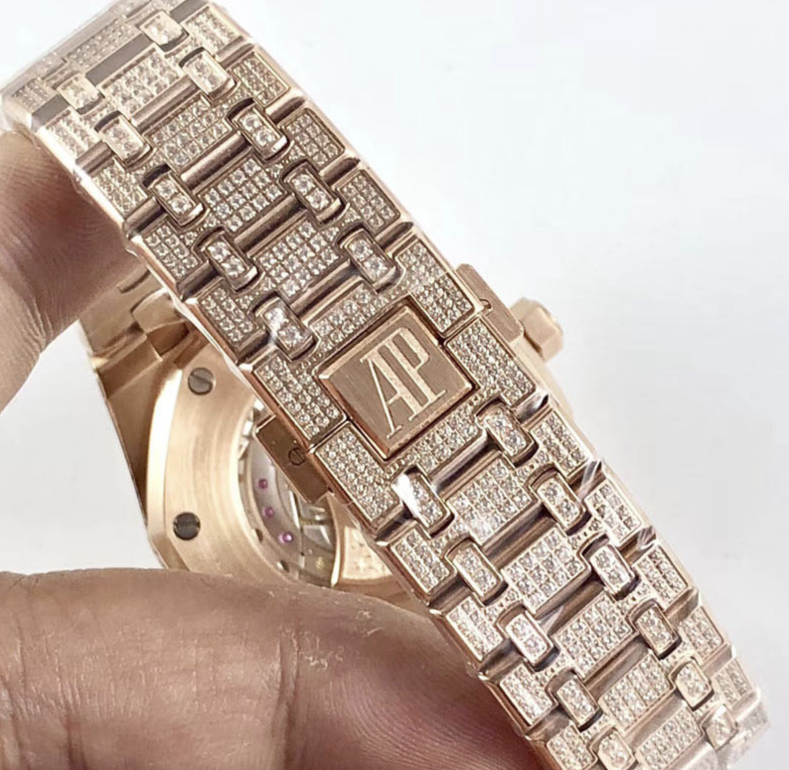 Audemars piguet replica royal oak ref. 15400 41mm rose gold full paved diamonds black dial - immagine 6