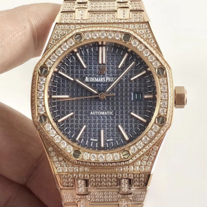 Audemars piguet replica royal oak ref. 15400 41mm rose gold full paved diamonds blue dial