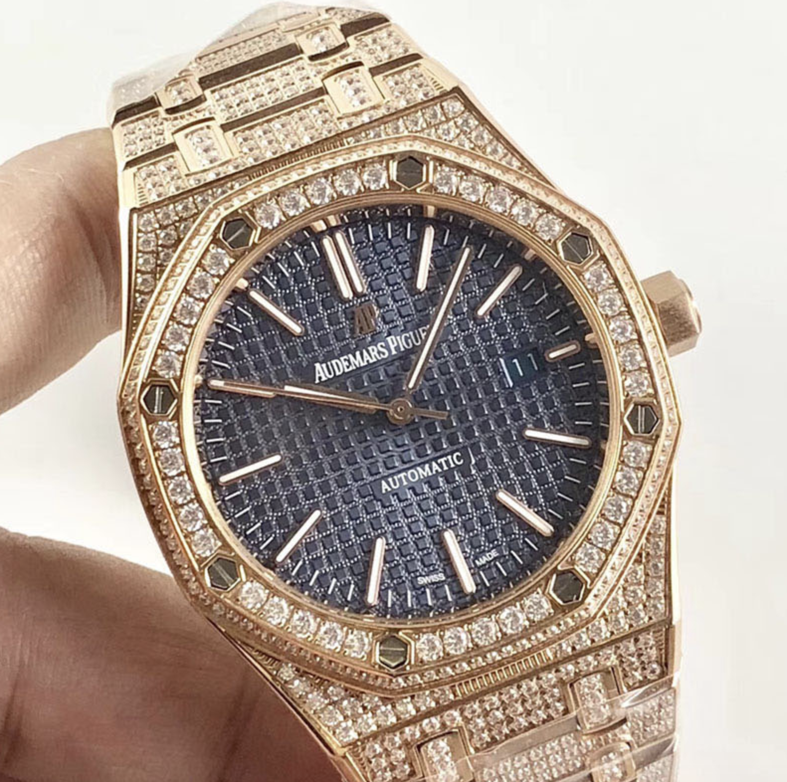 Audemars piguet replica royal oak ref. 15400 41mm rose gold full paved diamonds blue dial - immagine 2