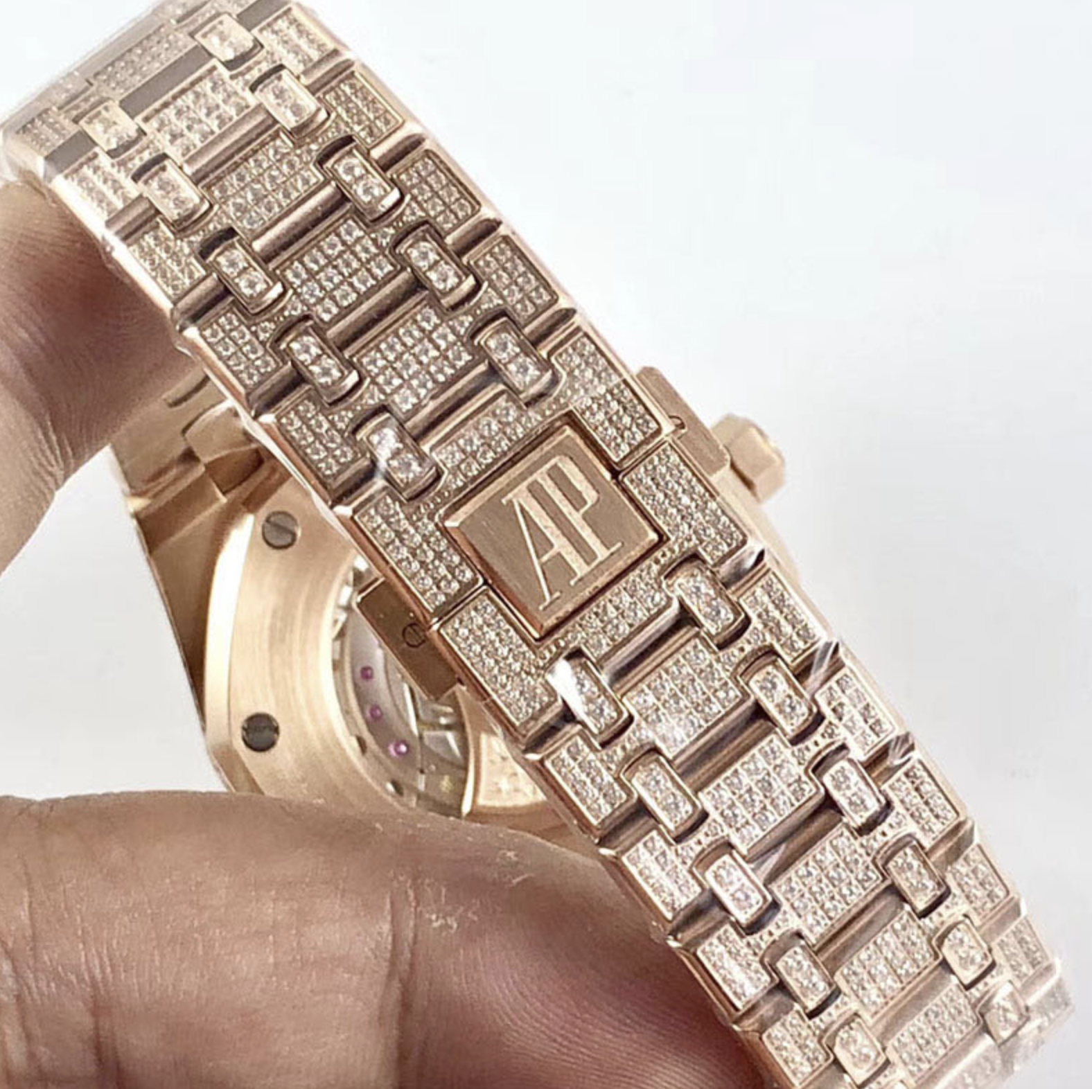 Audemars piguet replica royal oak ref. 15400 41mm rose gold full paved diamonds blue dial - immagine 5