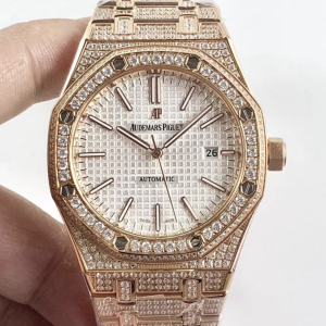 Audemars piguet replica royal oak ref. 15400 41mm rose gold full paved diamonds white dial