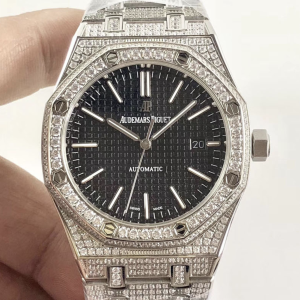 Audemars piguet replica royal oak ref. 15400 41mm white gold full paved diamonds black dial