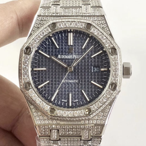 Audemars piguet replica royal oak ref. 15400 41mm white gold full paved diamonds blue dial