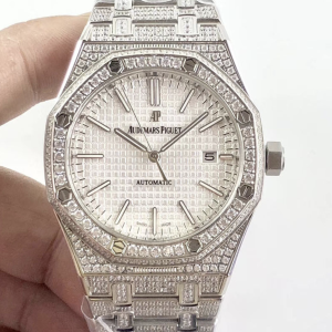 Audemars piguet replica royal oak ref. 15400 41mm white gold full paved diamonds white dial