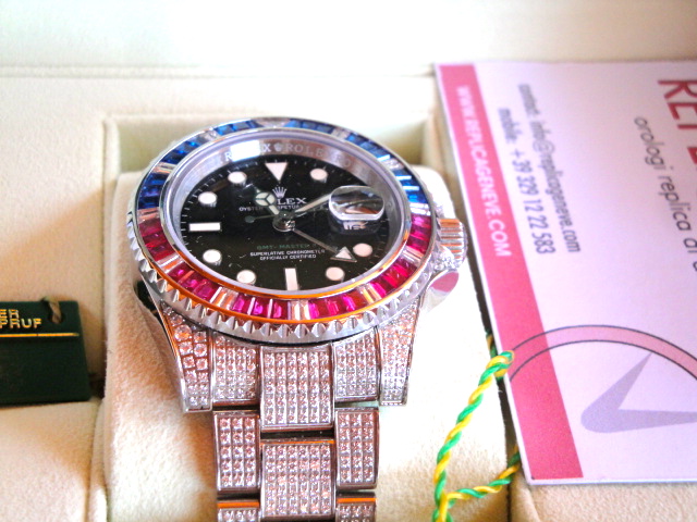 Rolex replica GMT master II SARU full diamond brillantine rosso blue orologio replica - immagine 3