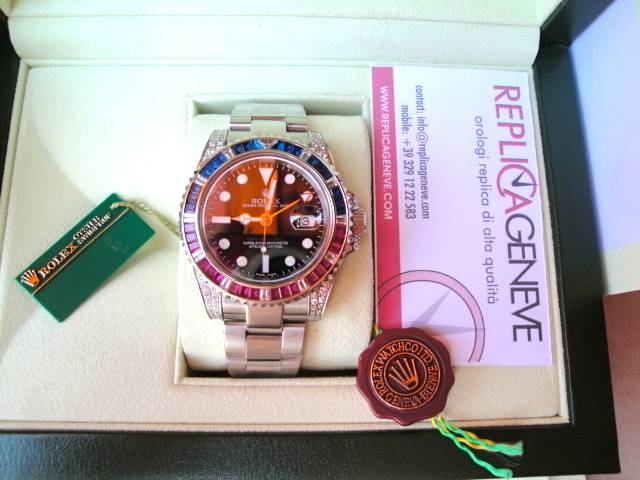 Rolex replica GMT master II SARU diamond brillantine rosso blue orologio replica - immagine 4