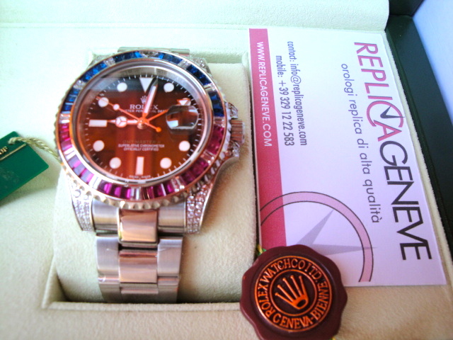 Rolex replica GMT master II SARU diamond brillantine rosso blue orologio replica - immagine 2