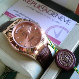 Rolex replica daydate leather strip marrone brown rose gold orologio replica copia imitazione
